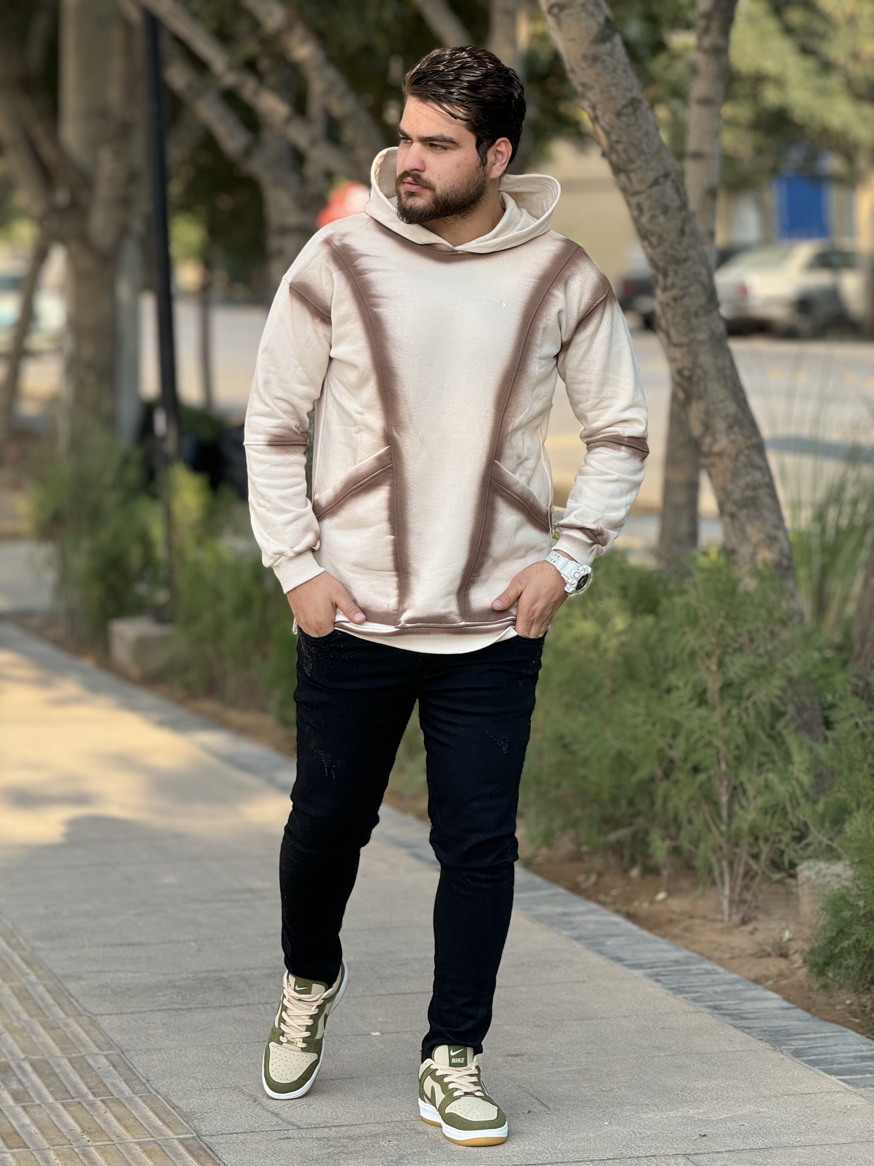 هودی سه نخ ترک مغزی دوزی شده رنگ نسکافه ای