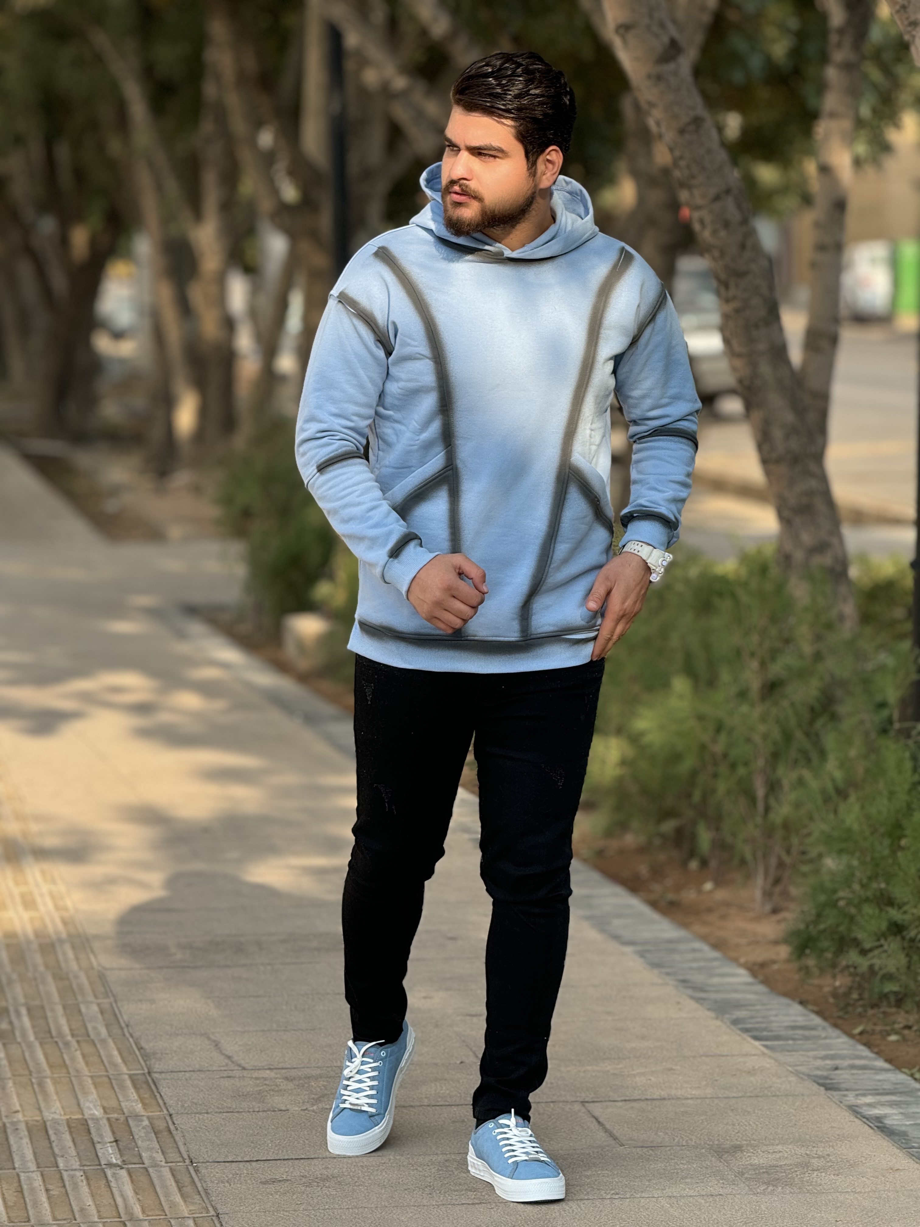 هودی سه نخ ترک مغزی دوزی شده رنگ آبی