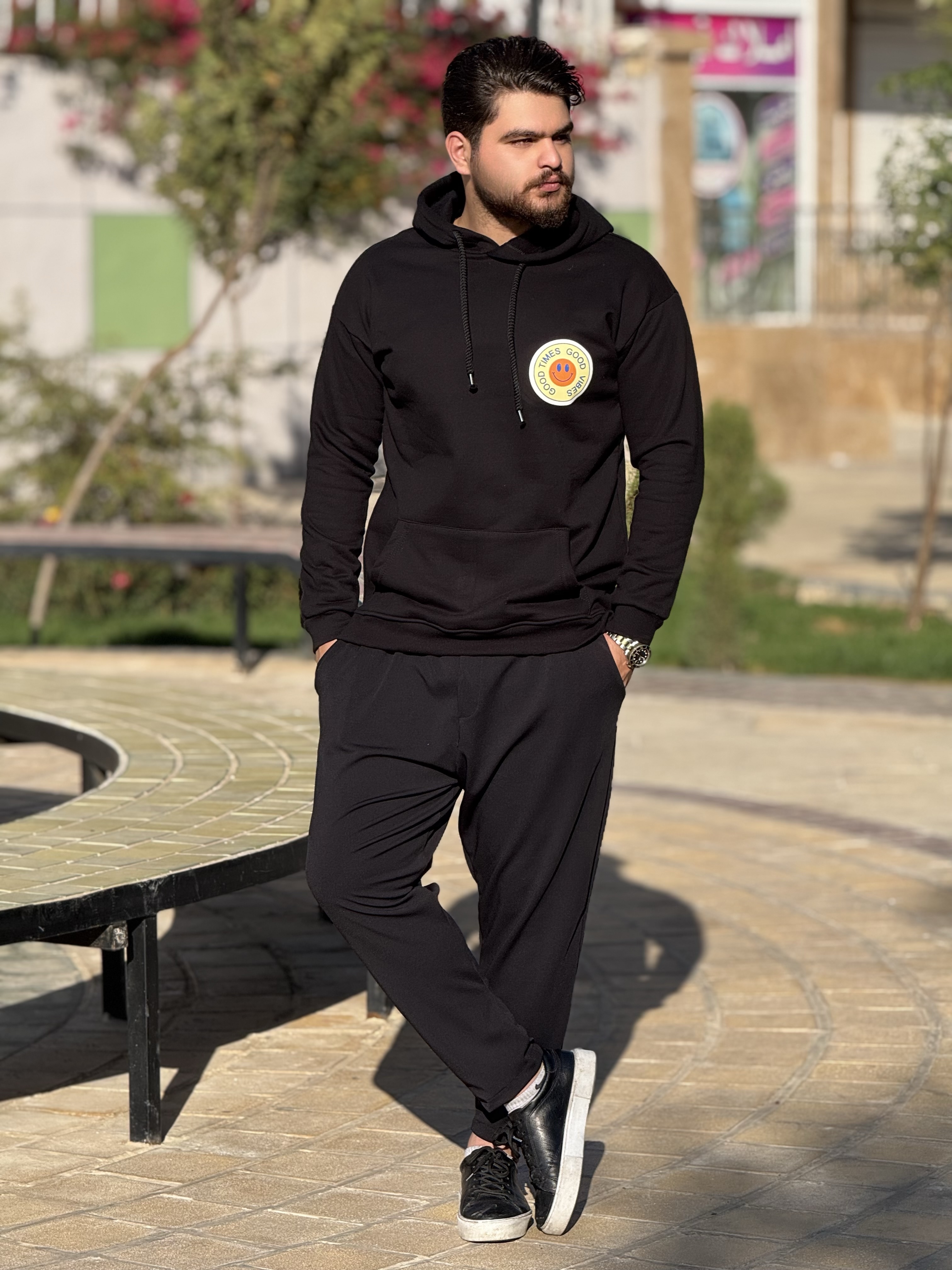 هودی سه نخ ترک طرح استیکر رنگ مشکی