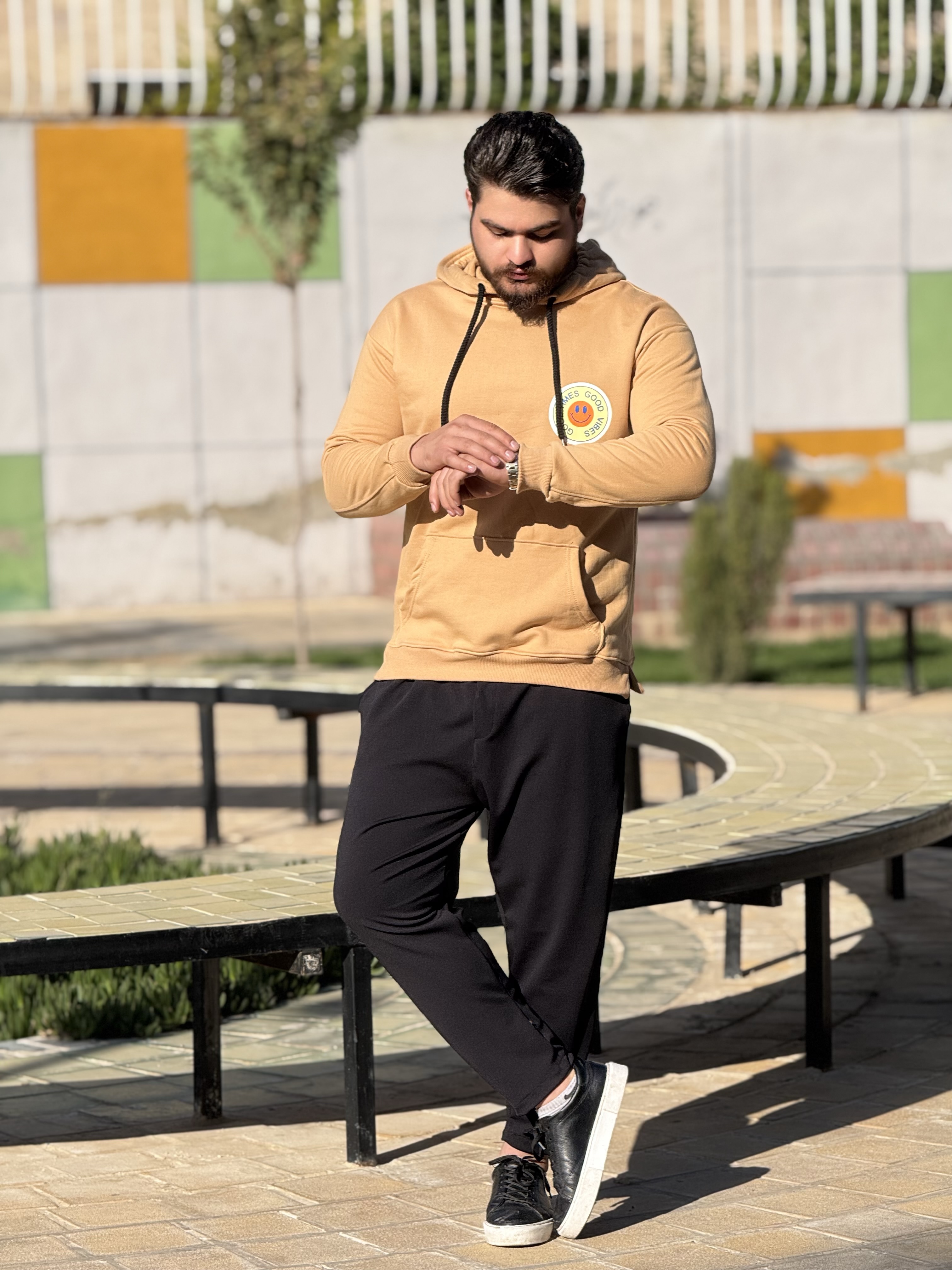 هودی سه نخ ترک طرح استیکر رنگ کرمی