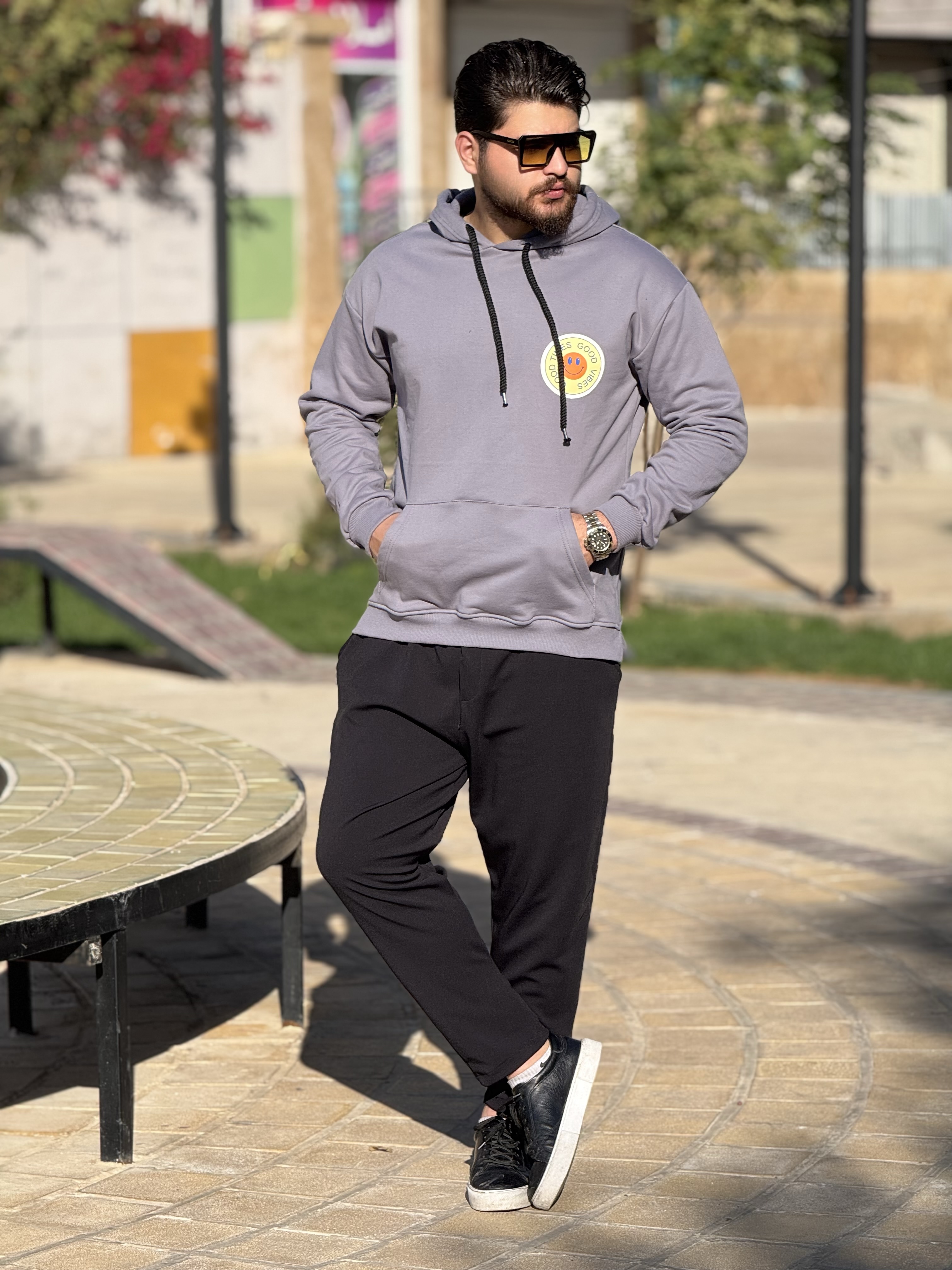 هودی سه نخ ترک طرح استیکر رنگ طوسی