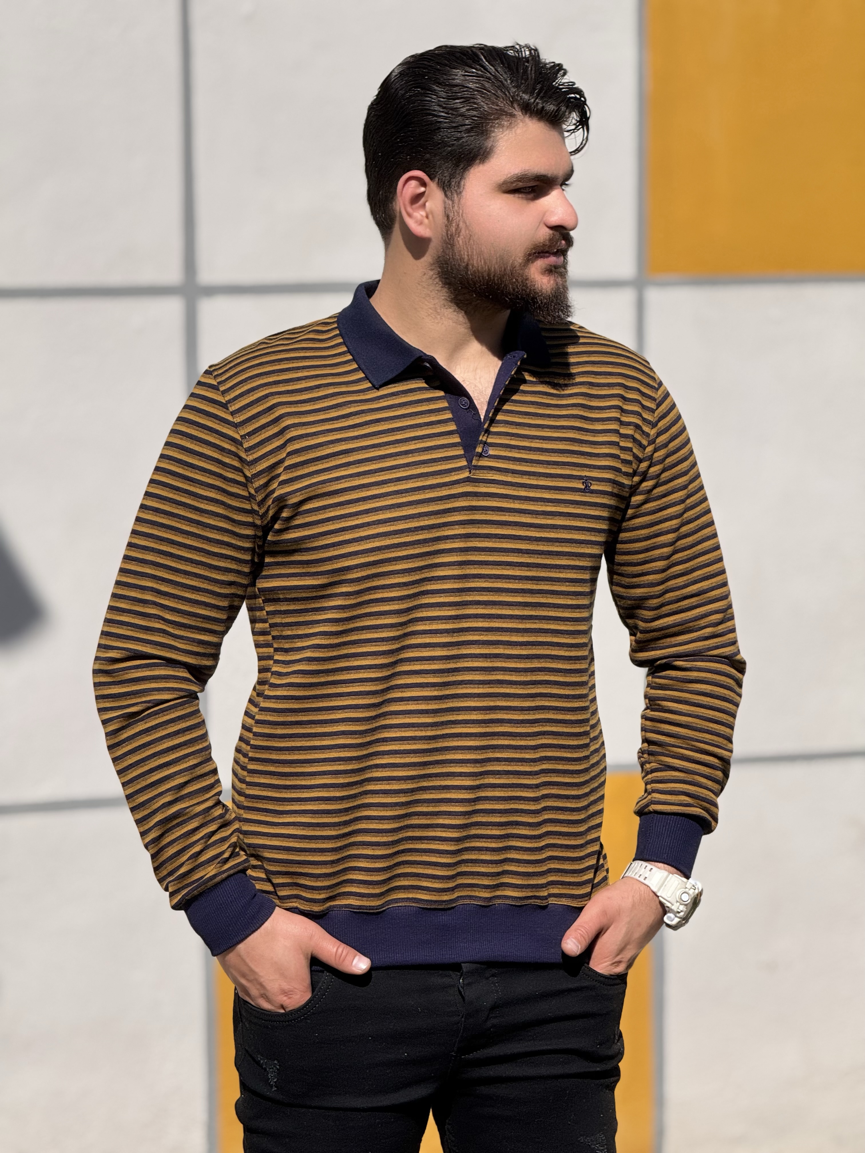 دورس رینگی یقه دار پارچه تمام ترک رنگ خردلی