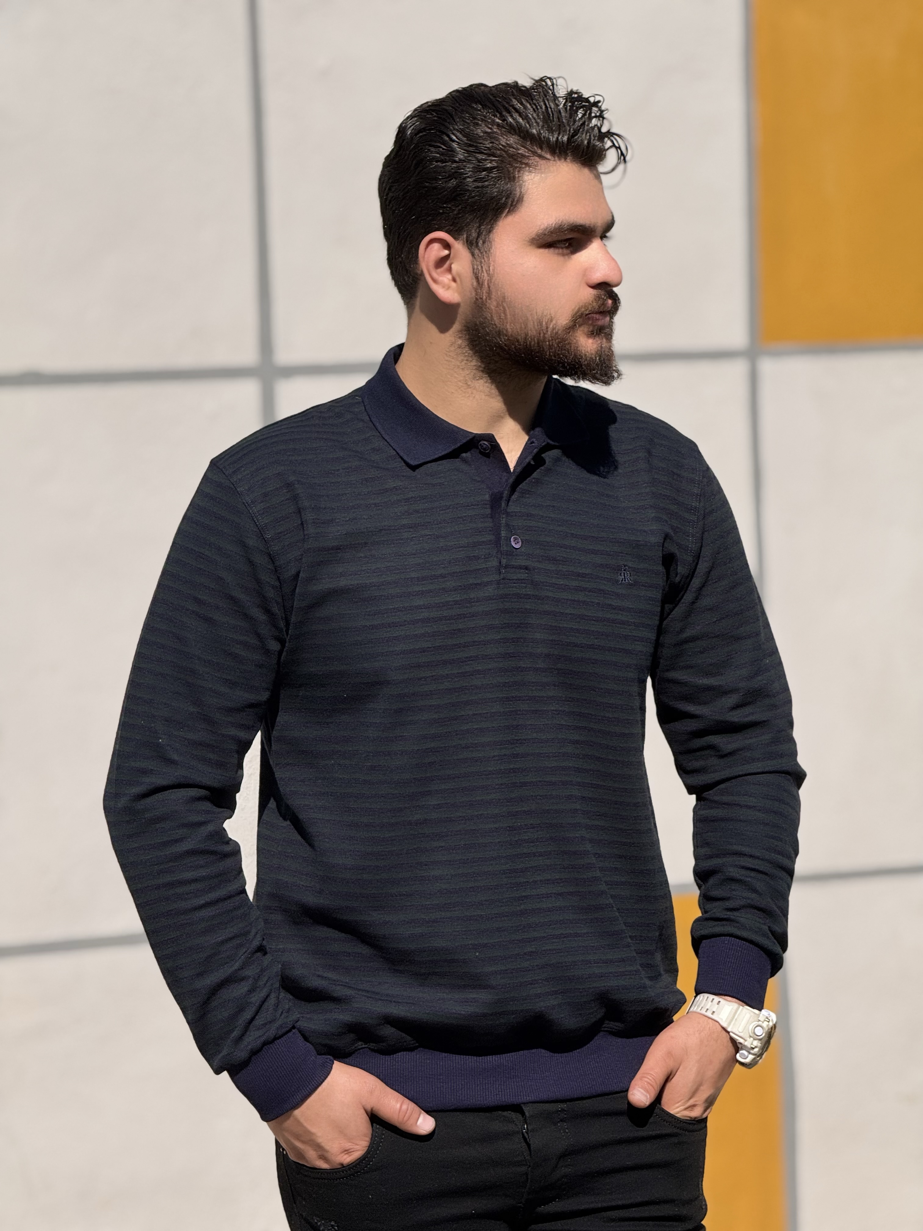 دورس رینگی یقه دار پارچه تمام ترک رنگ سبز-سورمه ای