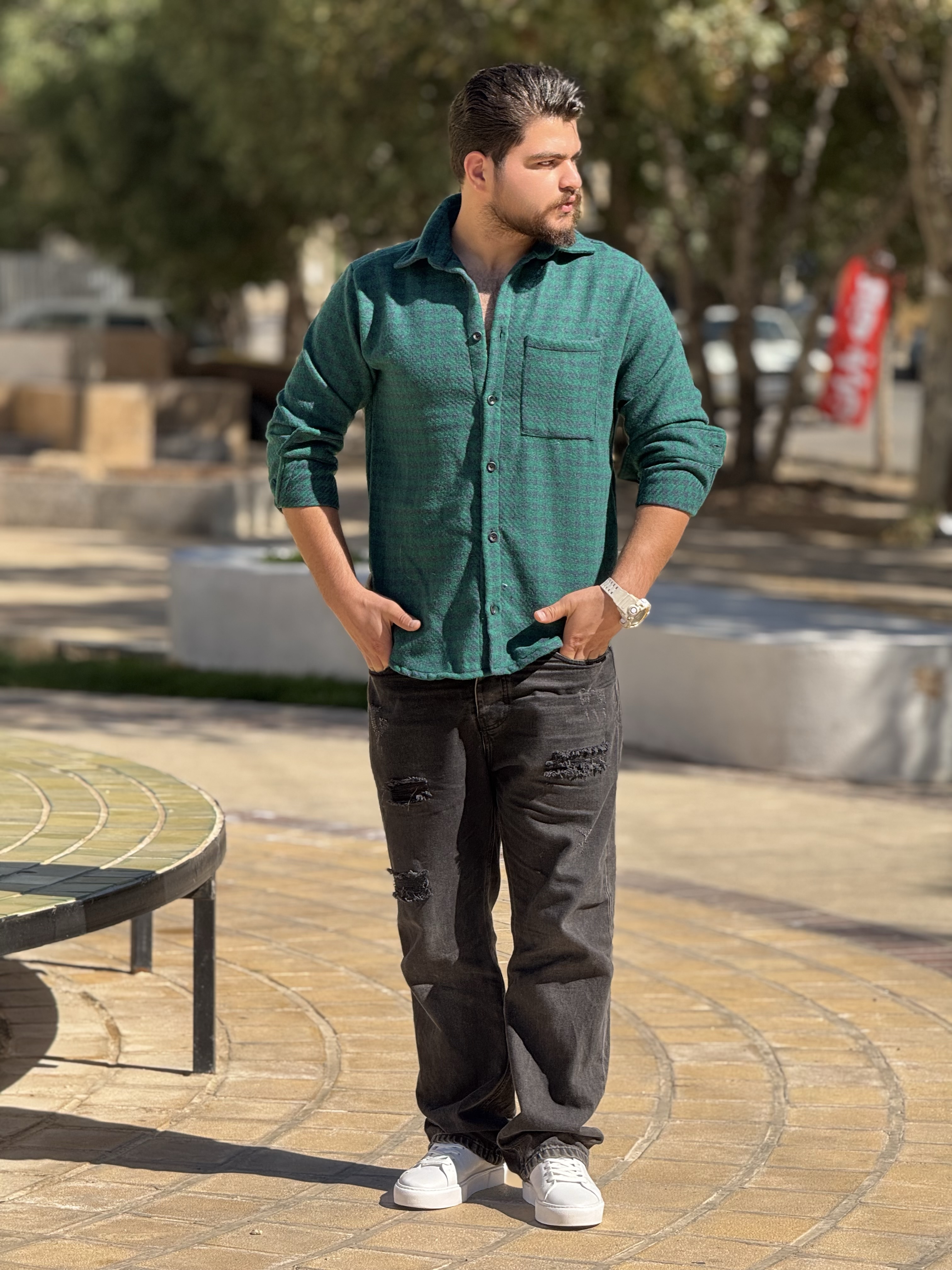 پیراهن پشمی پارچه سنگین رنگ سبز